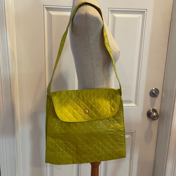 Handbags - Vintage Lillian Flaxman lime green shoulder bag quilted tote purse pocketbook